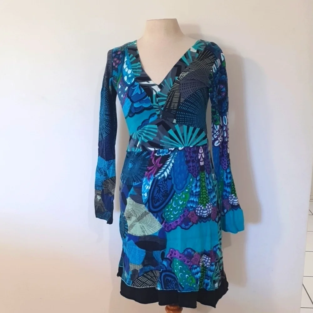 Aller Simplement Size S (approx 12) Blue Long Sleeve Stretch Dress 100% … - Picture 1 of 8